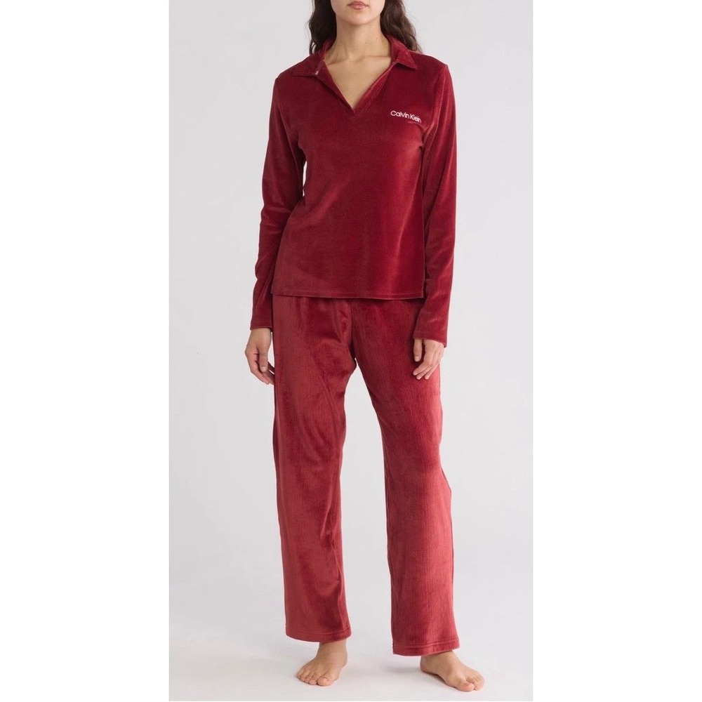 Calvin Klein Velour Velvet Matching Set Pajamas Red Burgundy Size Large